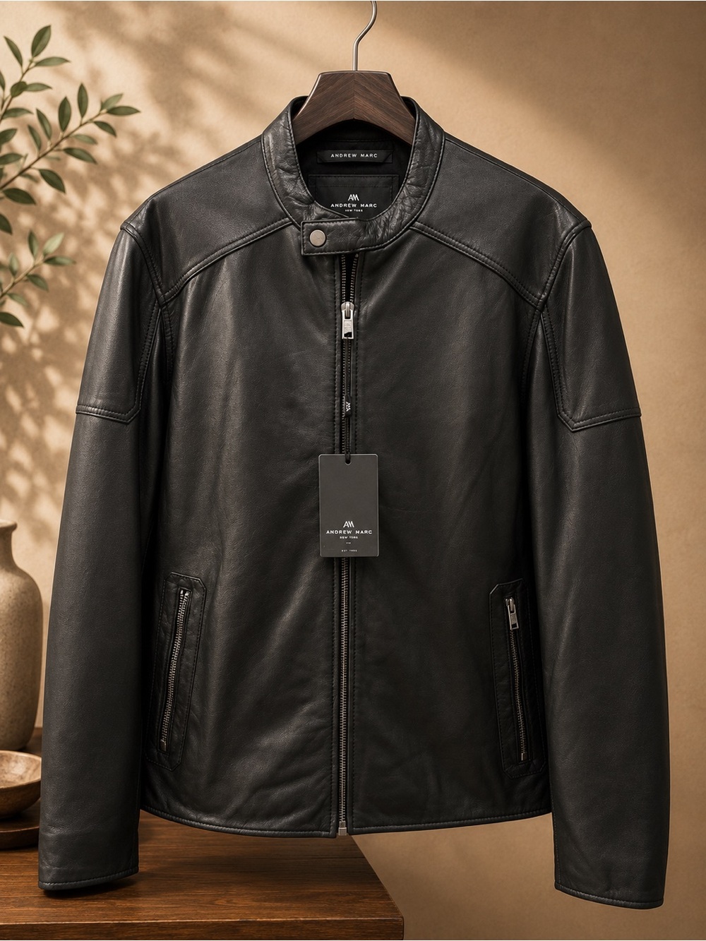 Andrew Marc Black Leather Bomber Jacket with Zip Pockets